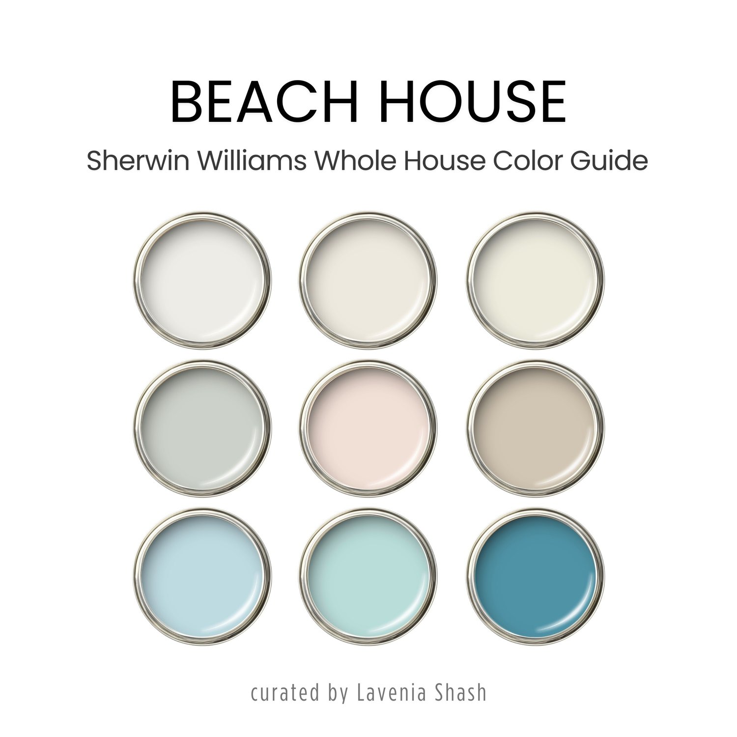Beach House features 9 tranquil hues - whites, neutrals, greens, and blues - designed for beach houses, coastal farmhouses, and resort-style living.