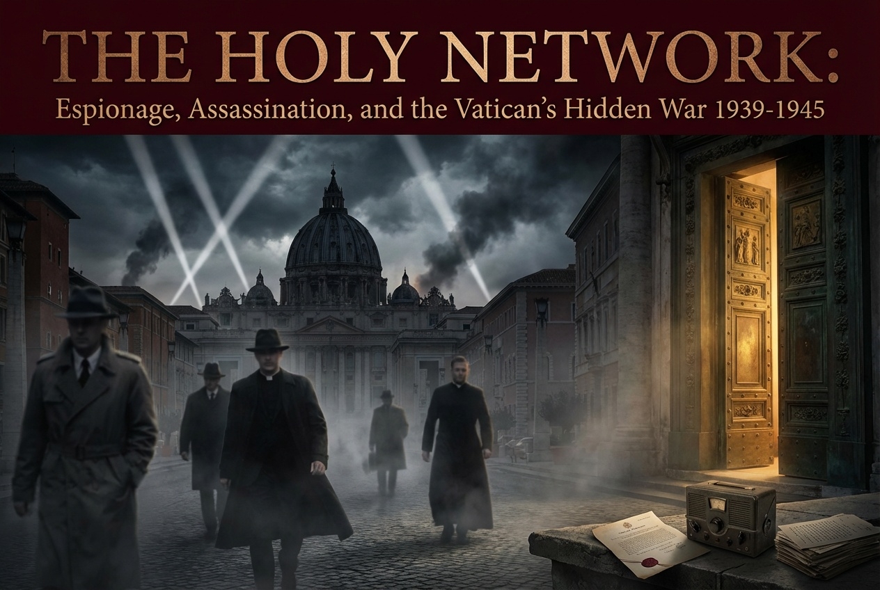 Cinematic promotional image for 'The Holy Network: Espionage, Assassination, and the Vatican's Hidden War 1939-1945' featuring the silhouette of St. Peter's Basilica dome against a dramatic wartime sky with searchlights. Shadowy figures in 1940s attire mo