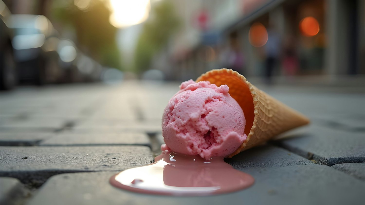 Vadeles saldējums nokritis zemā, rozā saldējuma bumba uz zemes pakususi. Simbols neveiksmei.