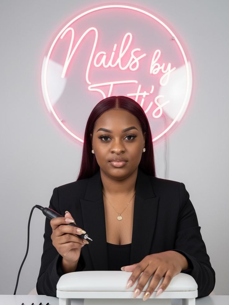 Nail technician calculating nail service pricing on a notebook and calculator, demonstrating how to price nail services for maximum profit.