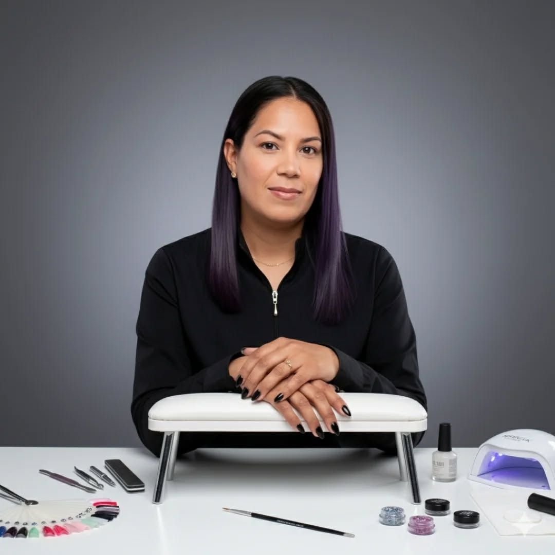 Nail technician consulting with a client using a nail art portfolio in a bright studio, demonstrating a strong client consultation process.