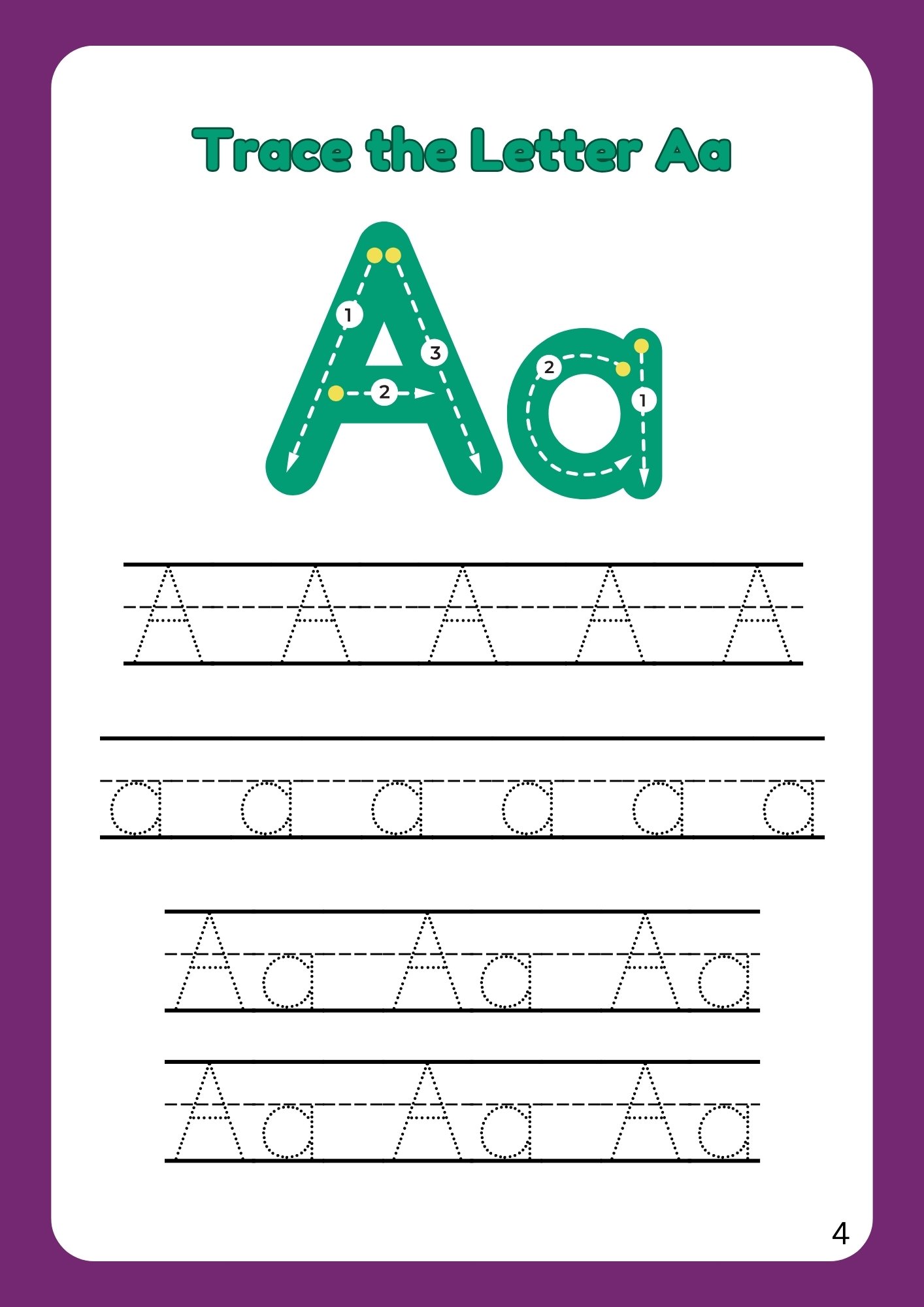 Letter A tracing worksheet for preschoolers, alphabet A phonics practice with apple illustration, uppercase and lowercase handwriting practice sheet, printable PDF.