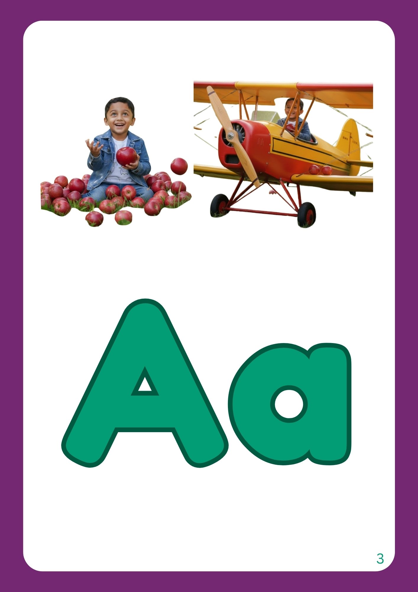 Letter A tracing worksheet featuring Apple and Aeroplane illustrations, uppercase and lowercase handwriting practice, phonics learning for preschoolers, printable alphabet A activity sheet.