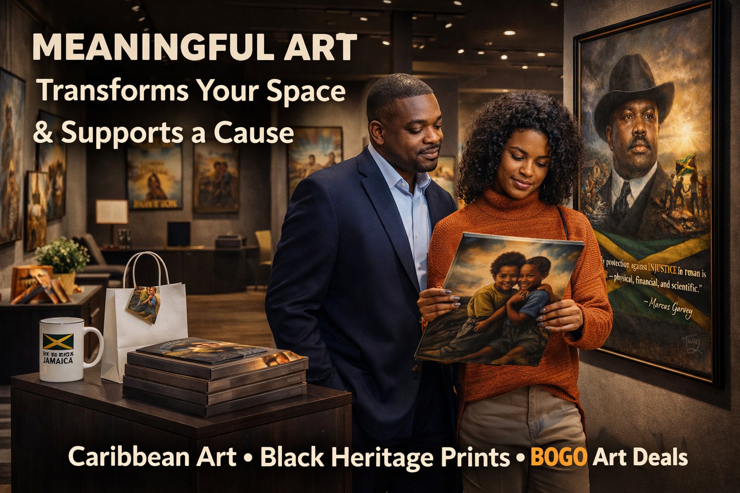 A Black man and woman shopping in a luxury art gallery featuring inspirational Jamaican cultural artwork by TWRJ