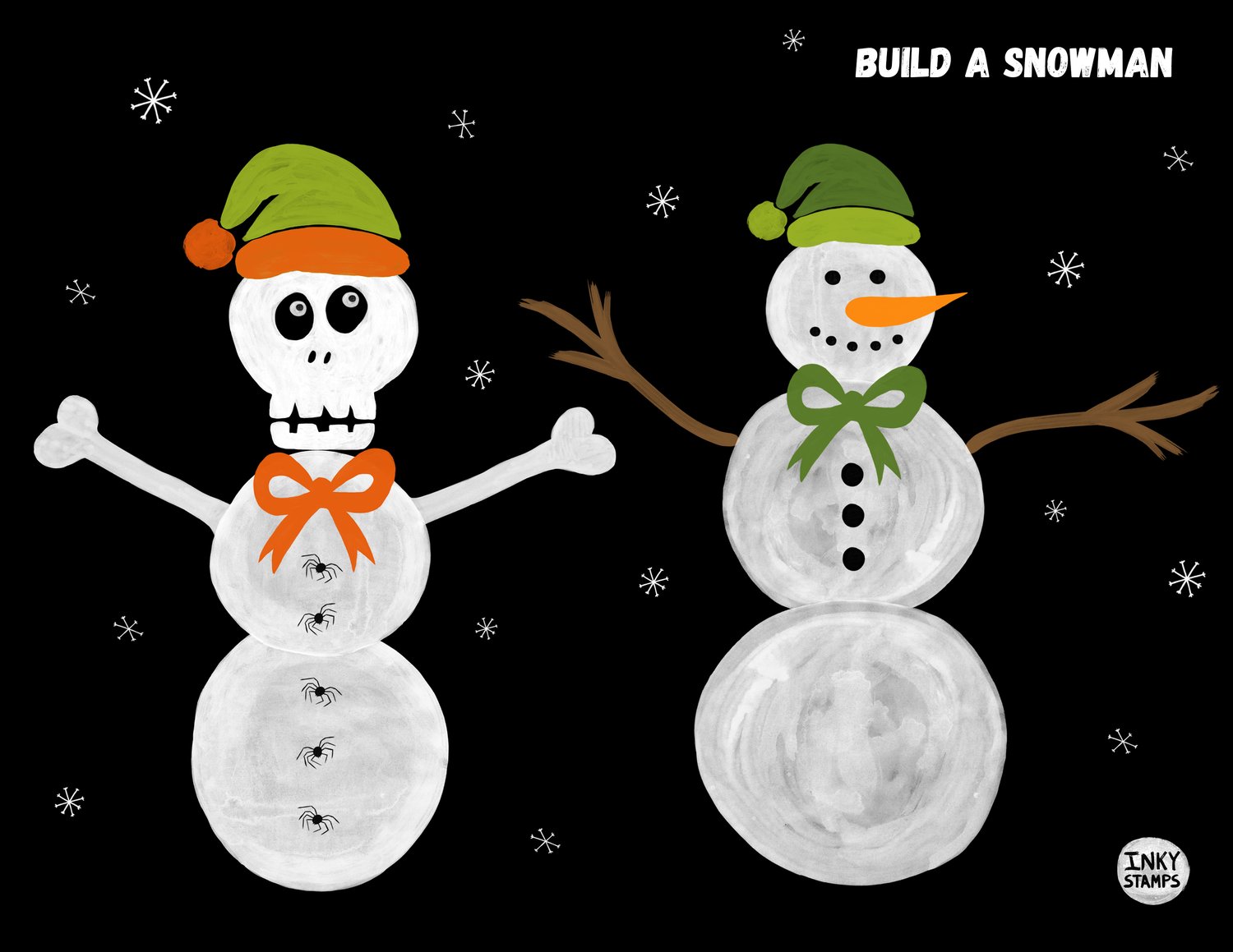 Build a Snowman. INKY STAMPS. Stamp shapes - Skull Snowman with Santa hat and spider buttons and Snowman with stick arms. Snowflakes