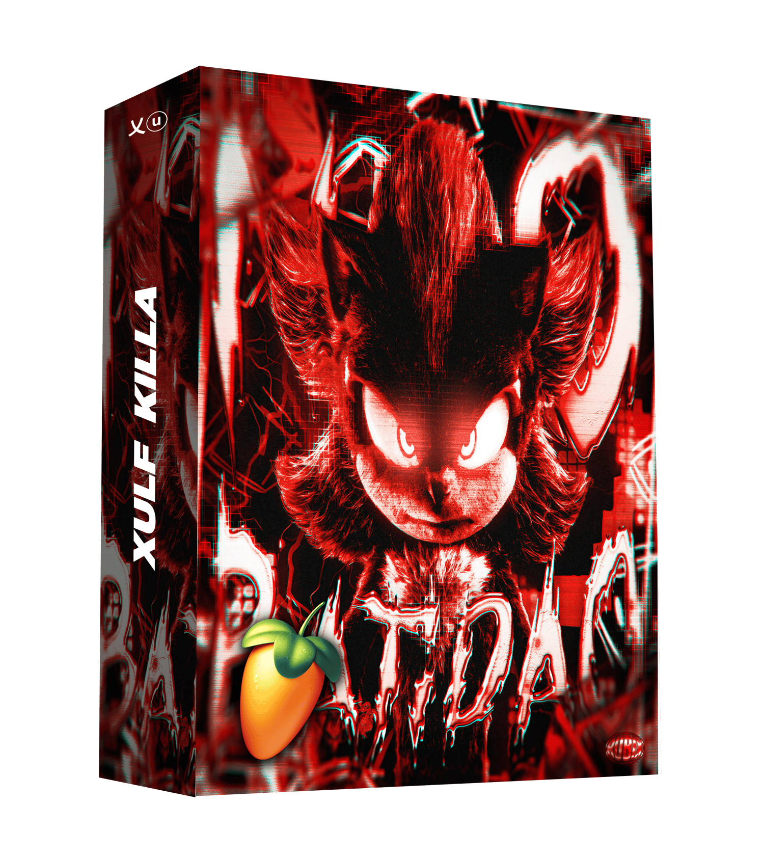 NO BATIDÃO STYLE product box by Xulf Killa featuring a red-glitched Sonic the Hedgehog character with glowing white eyes and an FL Studio logo icon