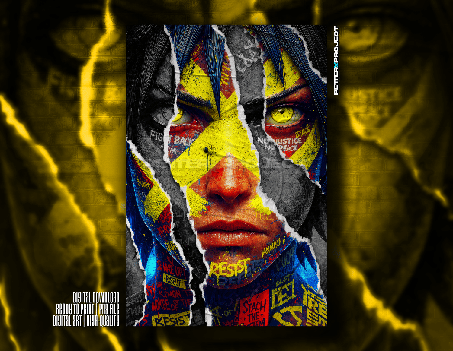 Fragmented cyberpunk woman with yellow cross face paint, protest-style typography, grunge textures and dystopian urban aesthetic.