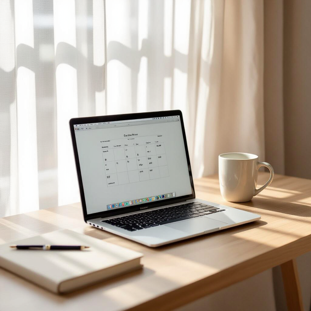 A open laptop sat on a beech coloured wooden desk, along with a notepad, pen and mug. sat in front of a window with a light covering and the sunlight in the background.