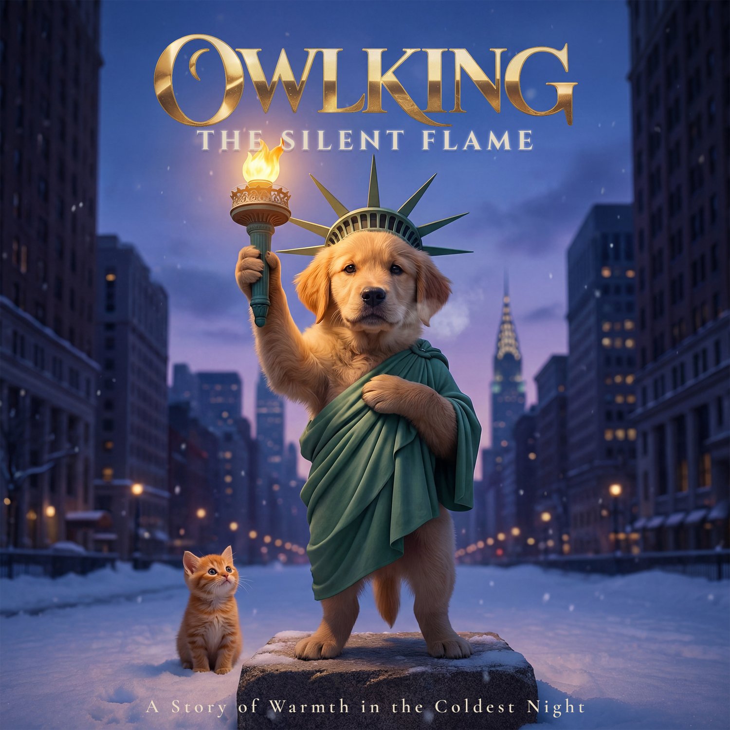 OwlKing The Silent Flame illustrated cover golden retriever New York winter night