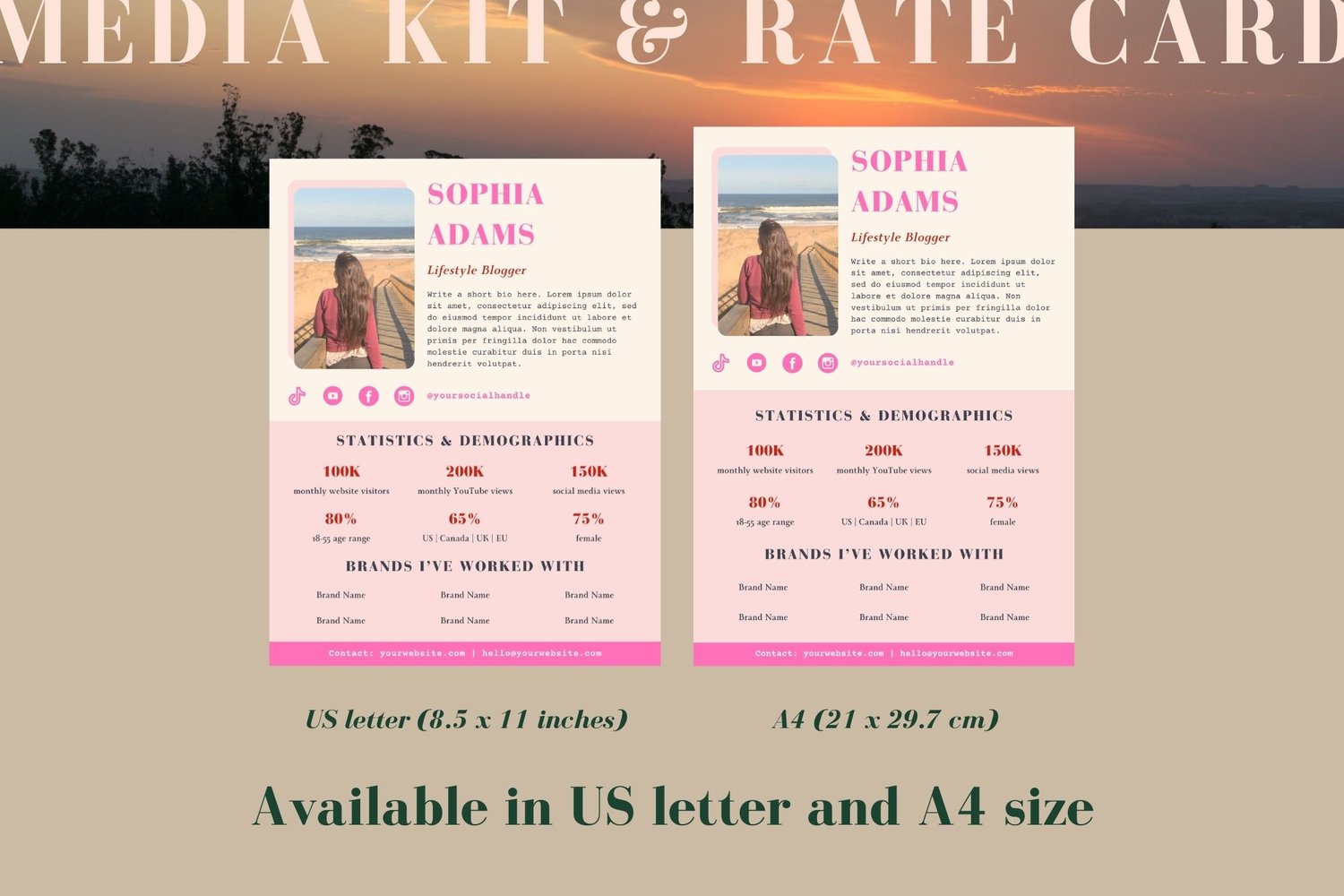 Example of a page from this media kit and rate card template in US letter size and in A4 size.