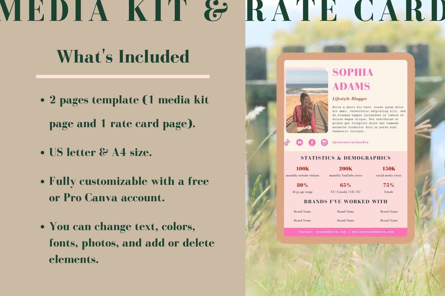 This Canva template includes one media kit page and one rate card page, in US letter and A4. Fully customizable with a free or Pro Canva account. You can change text, photos, fonts, colors, and add or delete elements.