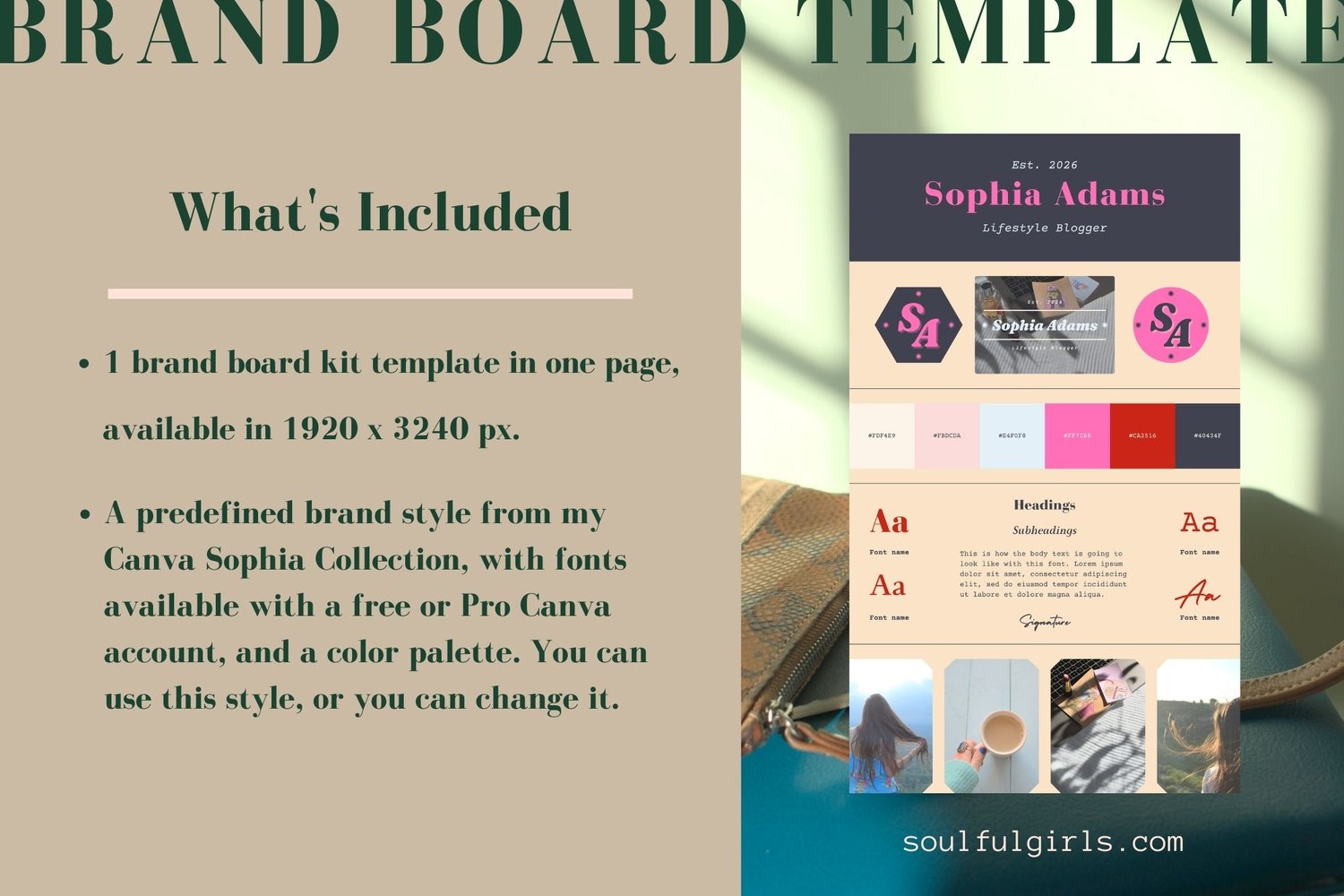 This brand board template for Canva includes one page and a predefined brand style from our Canva Sophia Collection, that you can use or change. Example of the brand board kit template.