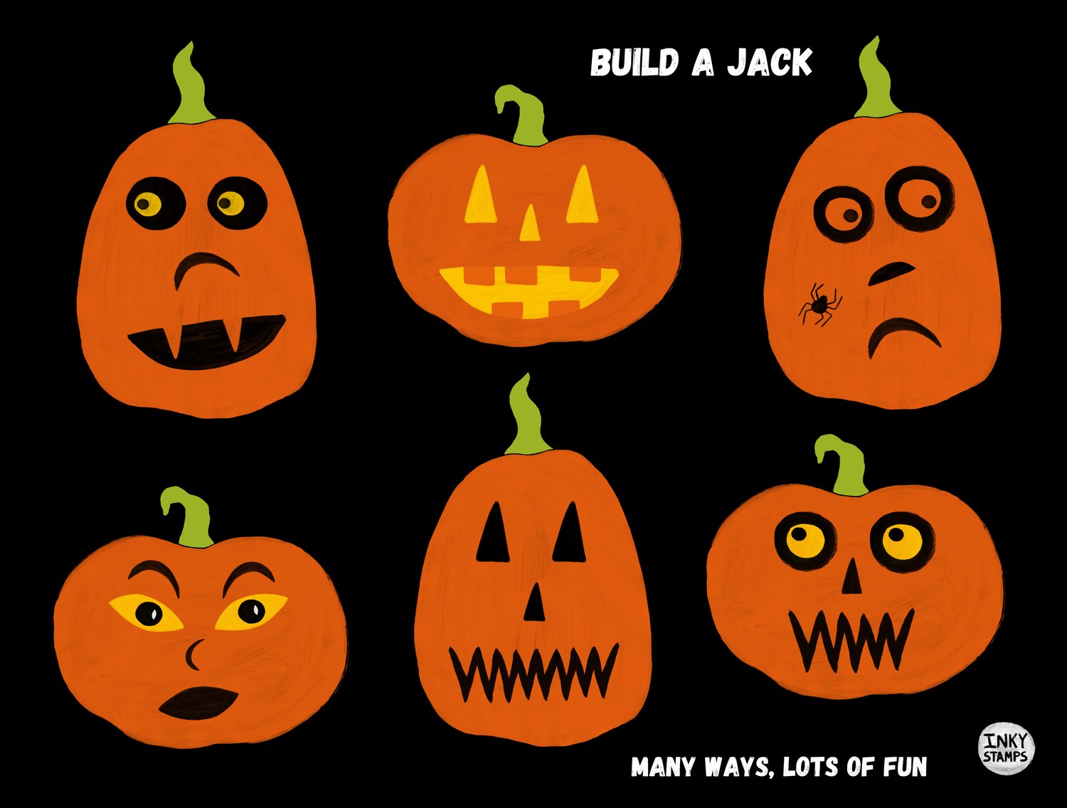 Build a Jack O Lantern. Many ways, lots of fun. Stamp shapes - 6 pumpkins with different face