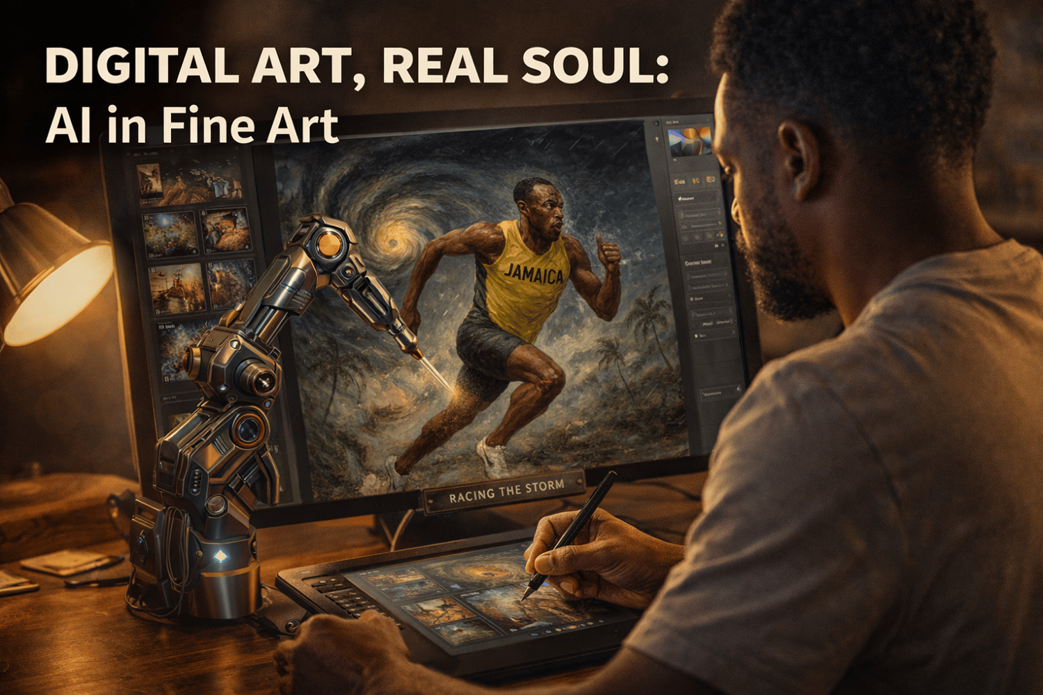 Digital artist using AI tools to create fine art on a tablet featuring “Racing the Storm” painting as modern digital art, AI creativity, Jamaican fine art inspiration