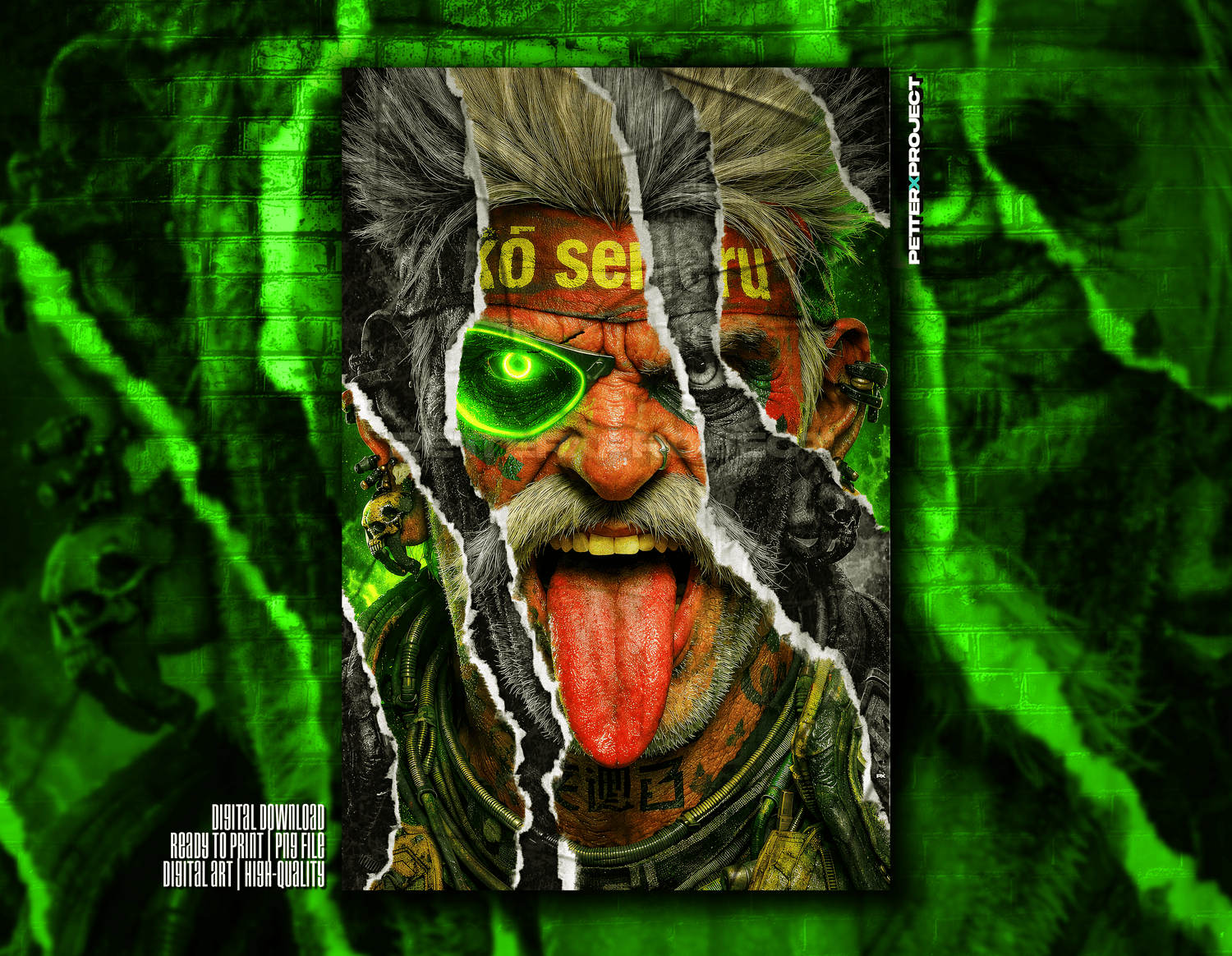 Cyberpunk post-apocalyptic man with neon green bionic eye, ripped layered face effect, dark grunge textures and dystopian futuristic aesthetic.