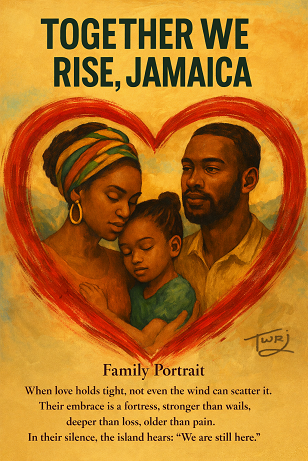 Valentine’s Caribbean family portrait digital art with heart frame symbolizing love, resilience, and Jamaican cultural heritage.