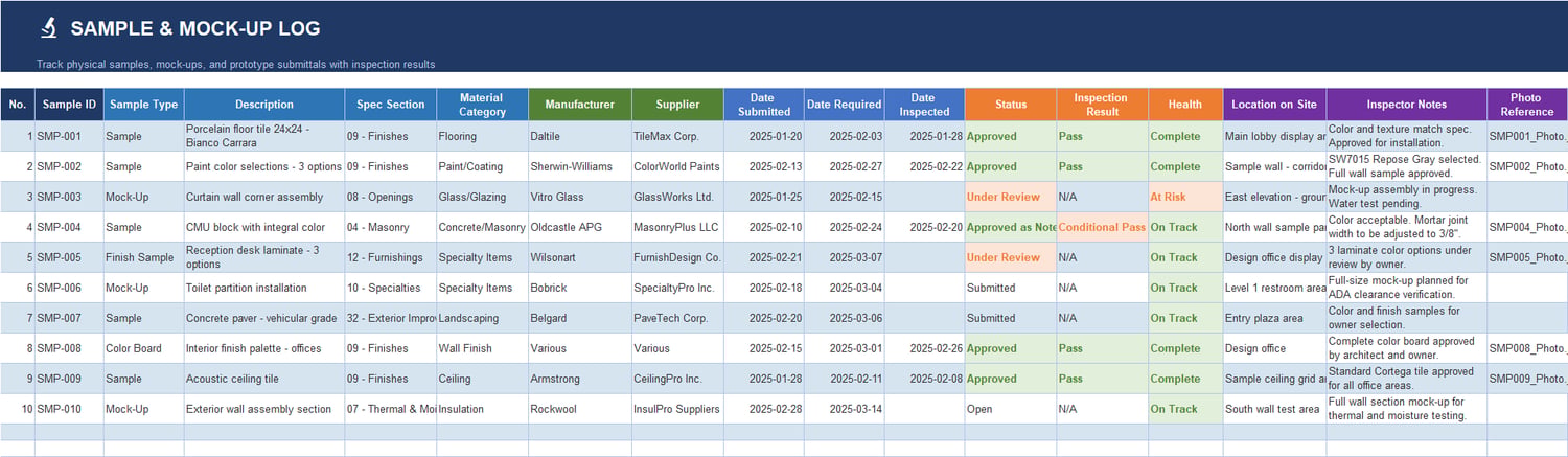 Sample and Mock-Up Log sheet tracking material samples, mock-ups, inspection outcomes, health status, site location, and reviewer notes.