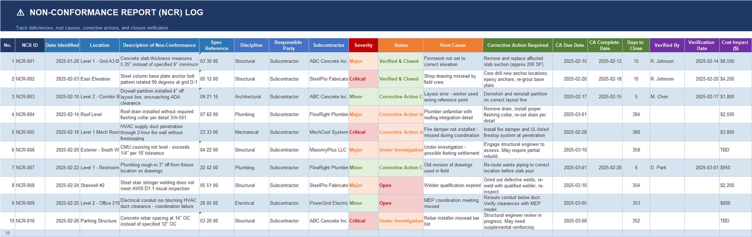 NCR Log sheet showing non-conformance descriptions, severity levels, root causes, corrective actions, due dates, verification details, and cost impact.