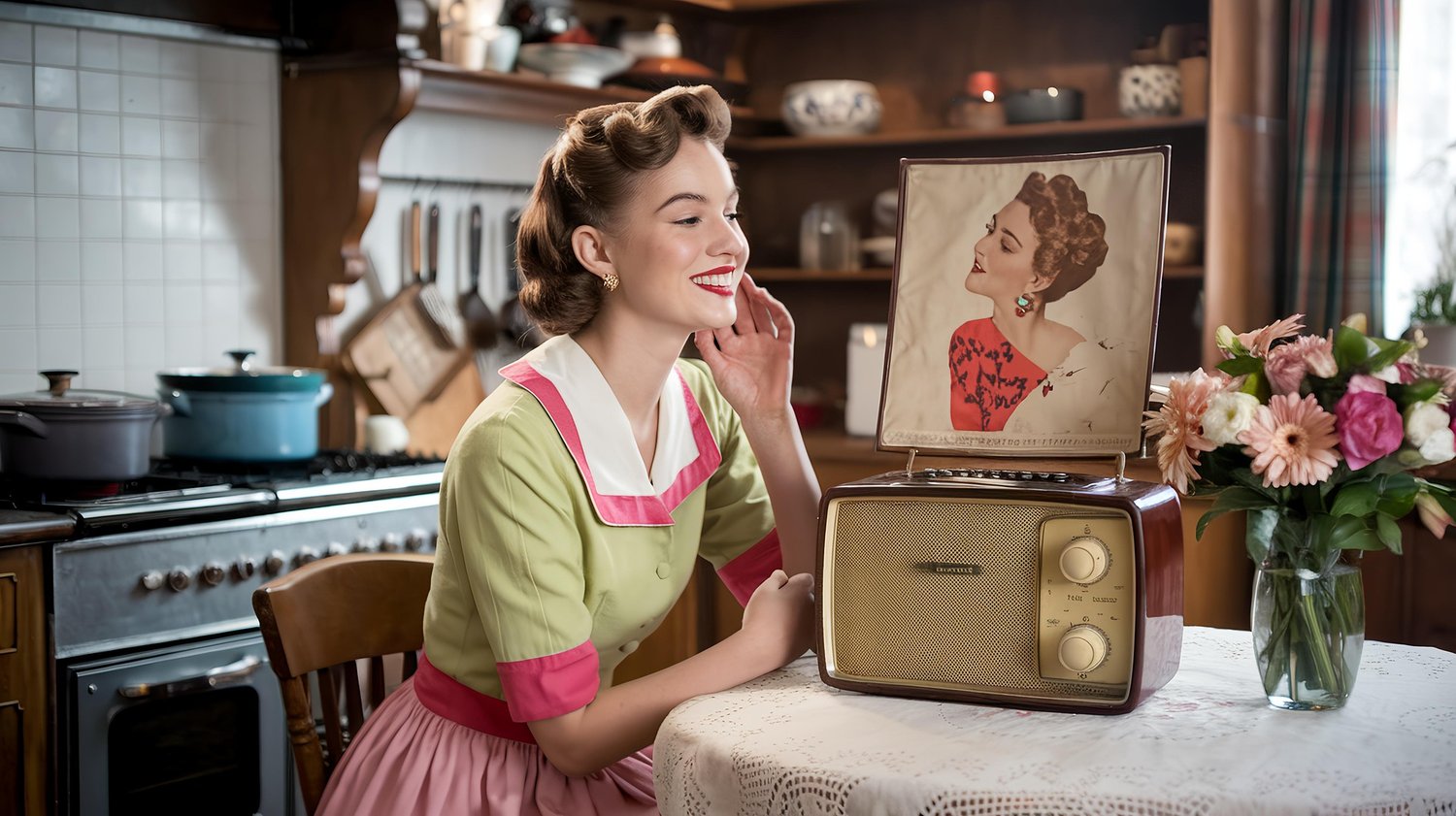 1959s Housewife in her kitchen listening to the radio