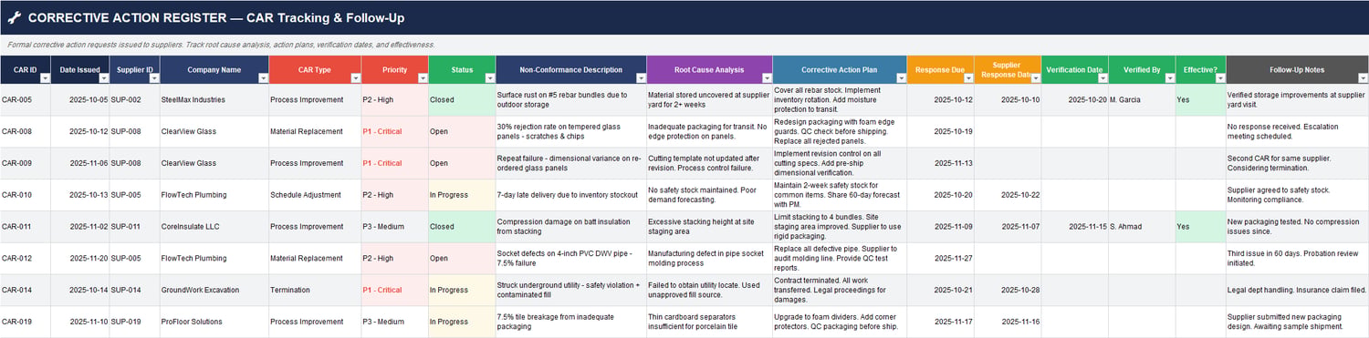 Supplier audit tracking Excel sheet with audit type, scope, findings summary, non-conformances, audit result, follow-up due dates, and closure status.