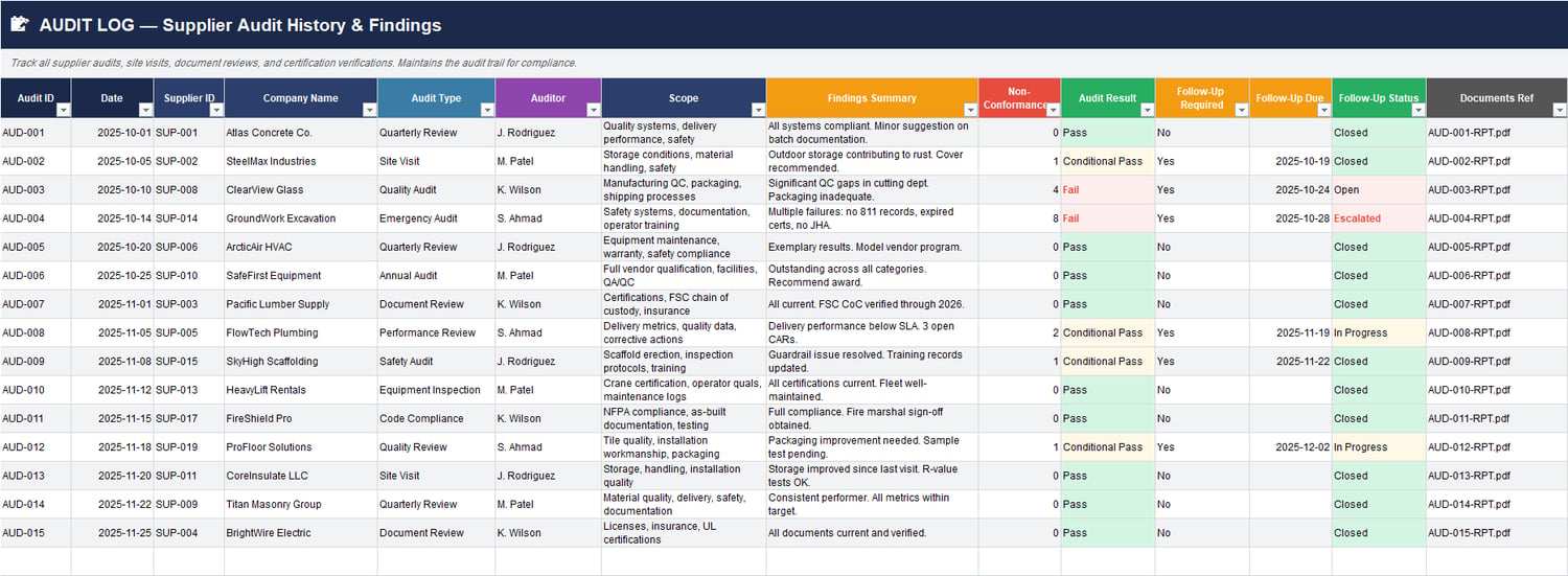 Excel sheet for supplier performance scoring with weighted criteria including quality, delivery, cost competitiveness, safety, responsiveness, compliance, and final grade recommendations.