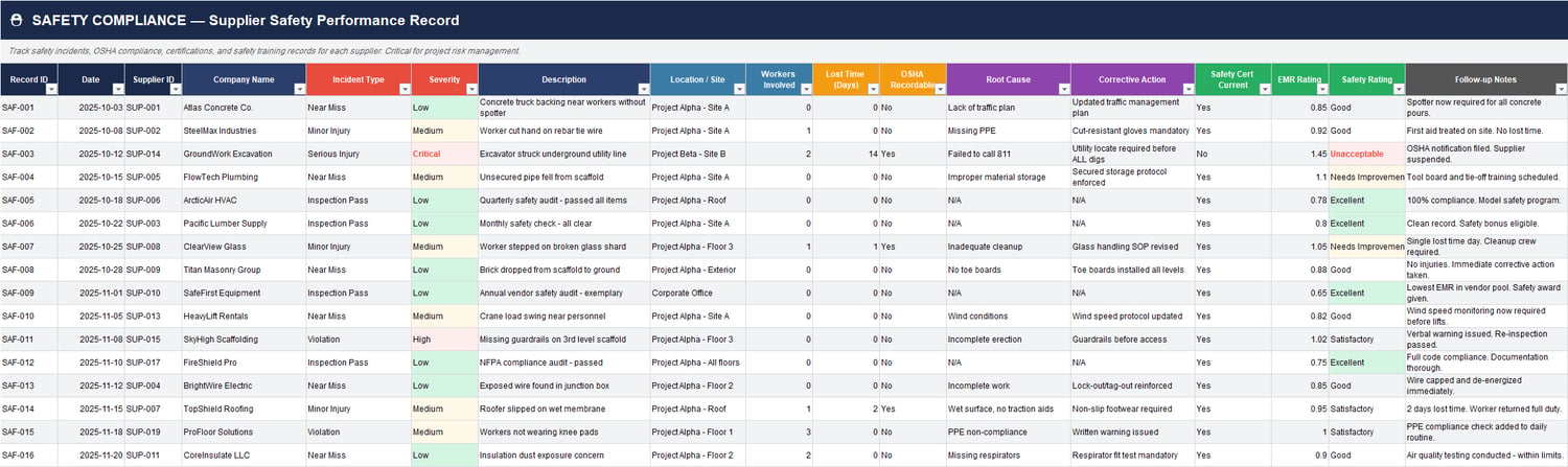Supplier Risk Level Scoring Construction Supplier Management Dashboard Excel Template (13-in-1 ...