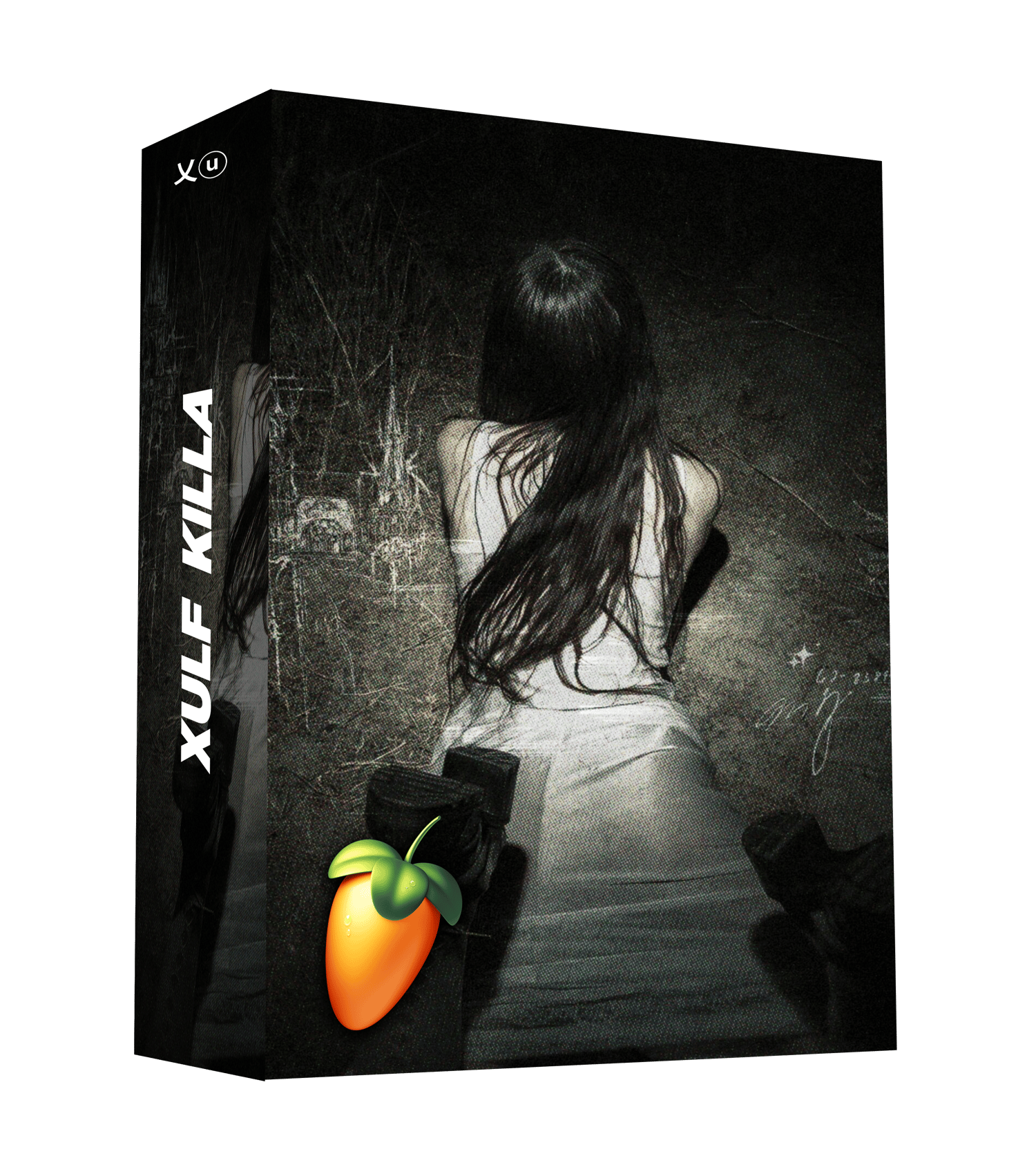 STARLY REMAKE FLP product box by Xulf Killa featuring a dark, grainy image of a person with long hair sitting down, highlighted by a glowing FL Studio logo icon