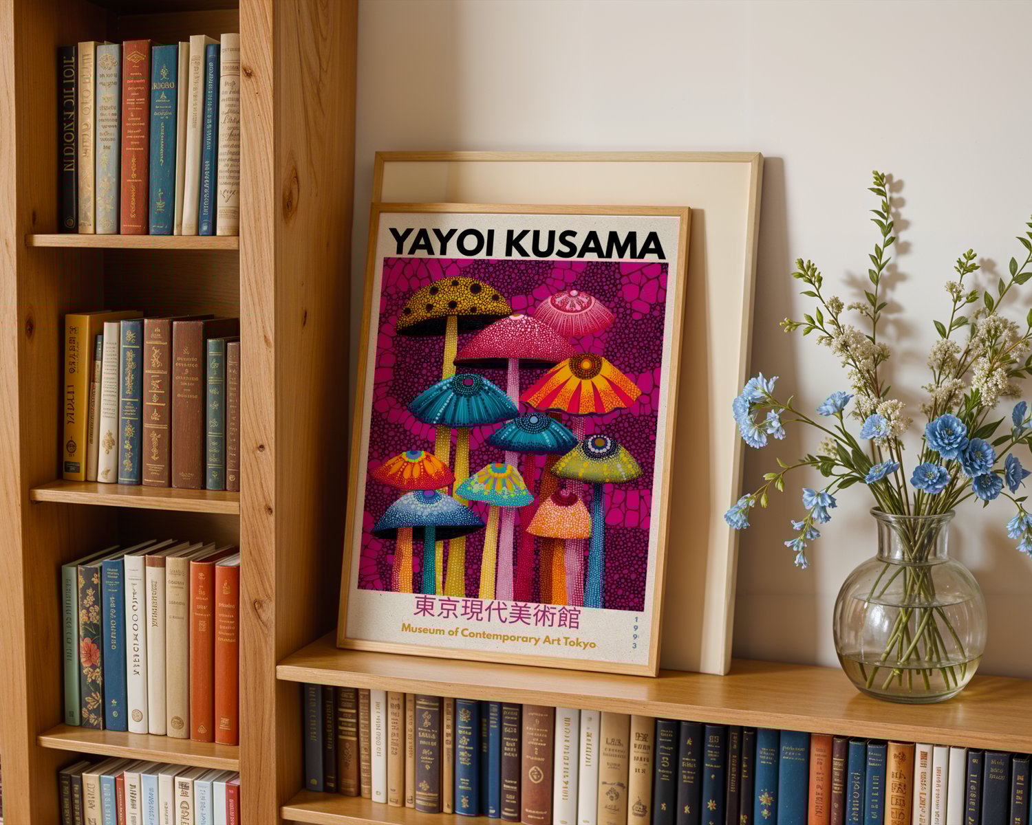 yayoi kusama inspired, mushroom poster, japanese contemporary art, fungi wall art, colourful mushroom print, retro exhibition poster, botanical wall art, modern japanese decor, gallery wall art, nature poster, aesthetic wall art, maximalist decor, contemp
