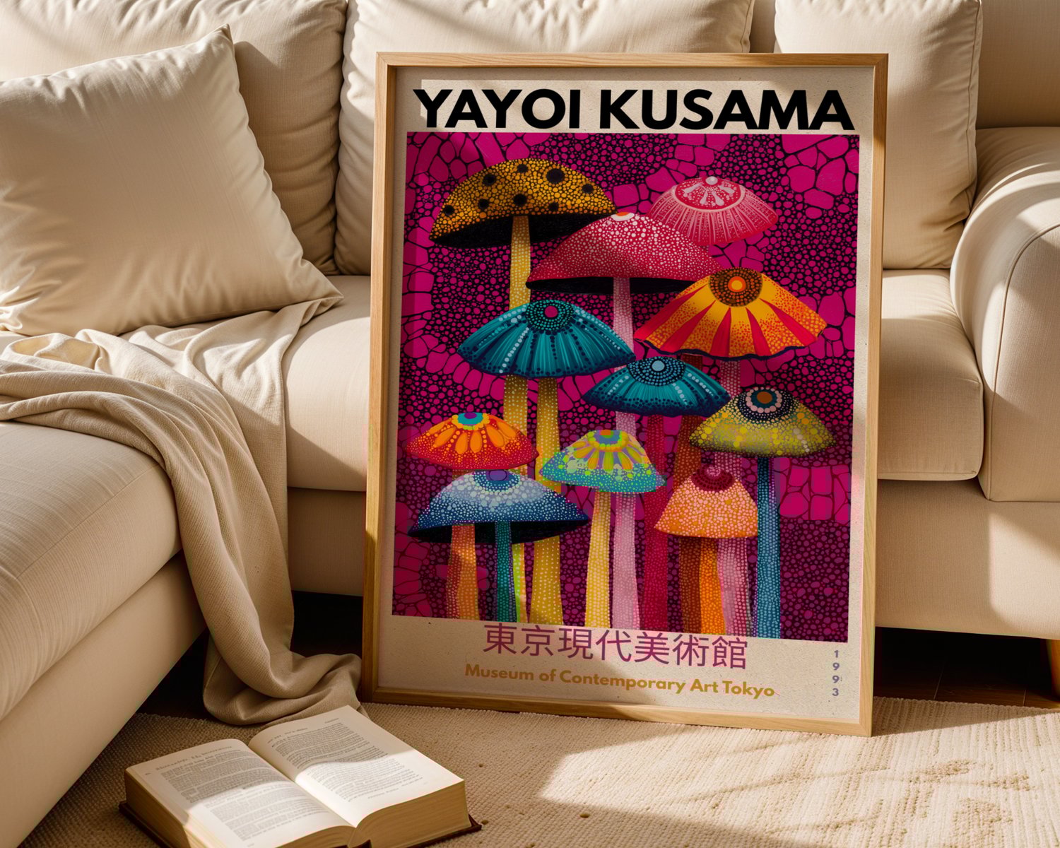 yayoi kusama inspired, mushroom poster, japanese contemporary art, fungi wall art, colourful mushroom print, retro exhibition poster, botanical wall art, modern japanese decor, gallery wall art, nature poster, aesthetic wall art, maximalist decor, contemp