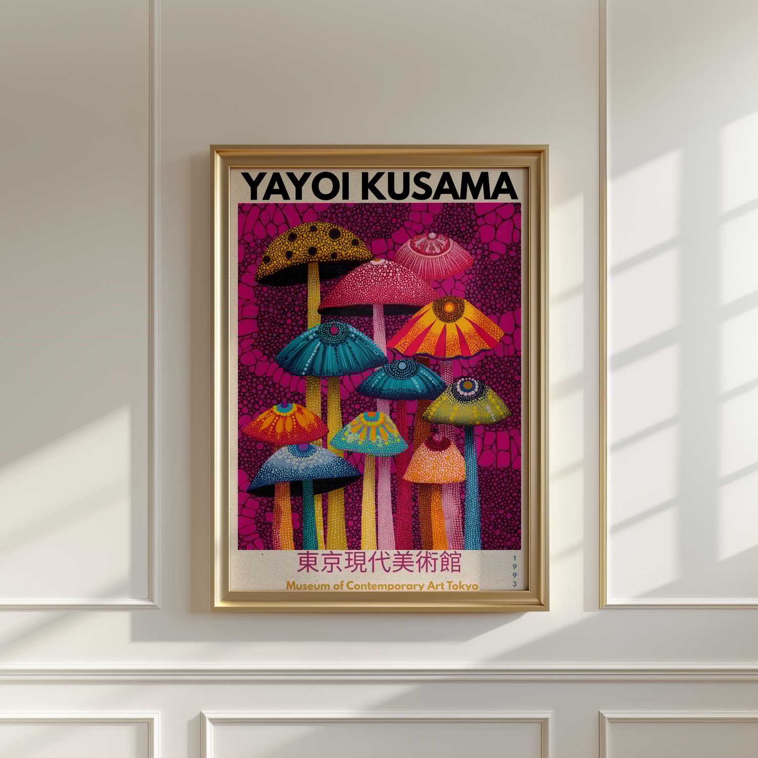 yayoi kusama inspired, mushroom poster, japanese contemporary art, fungi wall art, colourful mushroom print, retro exhibition poster, botanical wall art, modern japanese decor, gallery wall art, nature poster, aesthetic wall art, maximalist decor, contemp