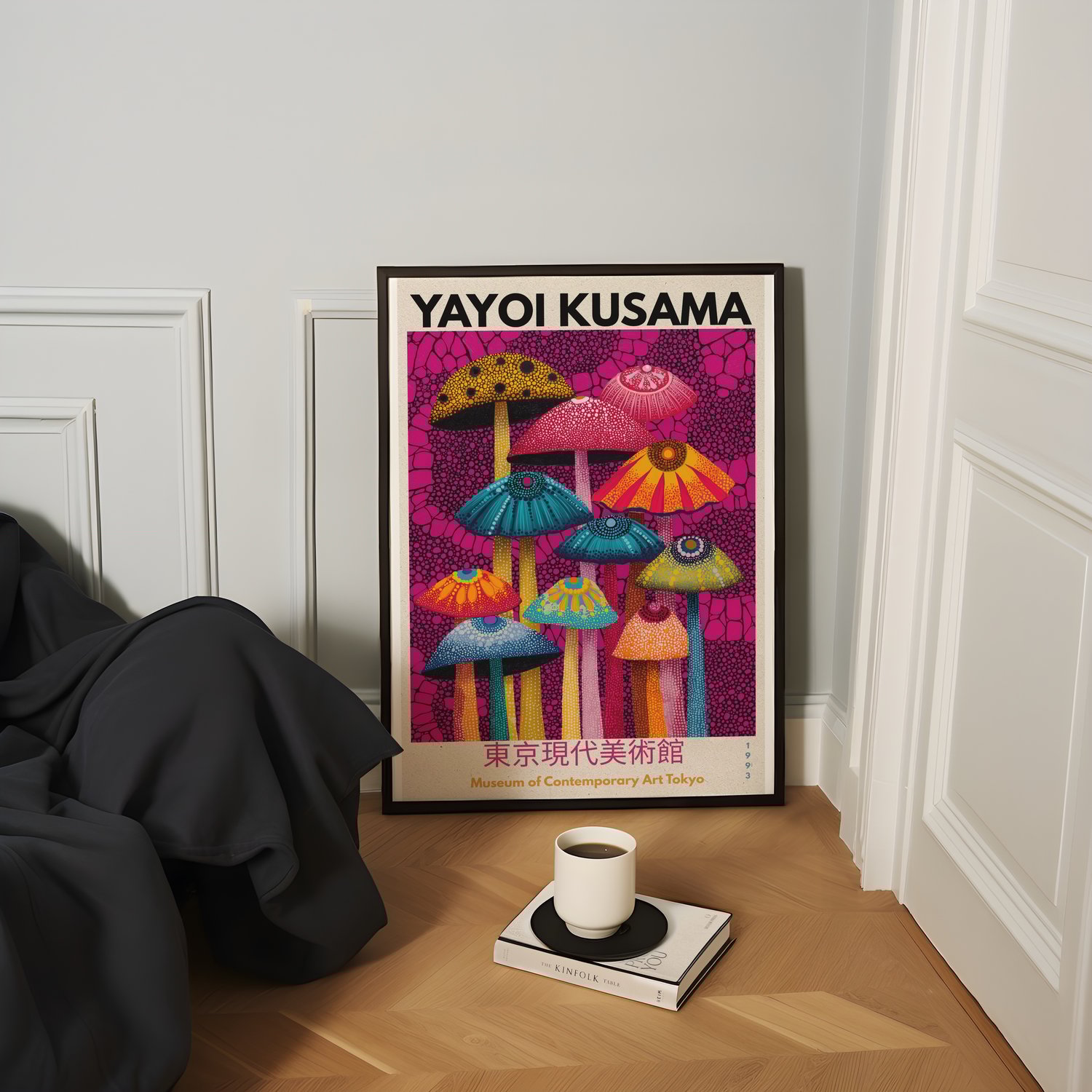 yayoi kusama inspired, mushroom poster, japanese contemporary art, fungi wall art, colourful mushroom print, retro exhibition poster, botanical wall art, modern japanese decor, gallery wall art, nature poster, aesthetic wall art, maximalist decor, contemp