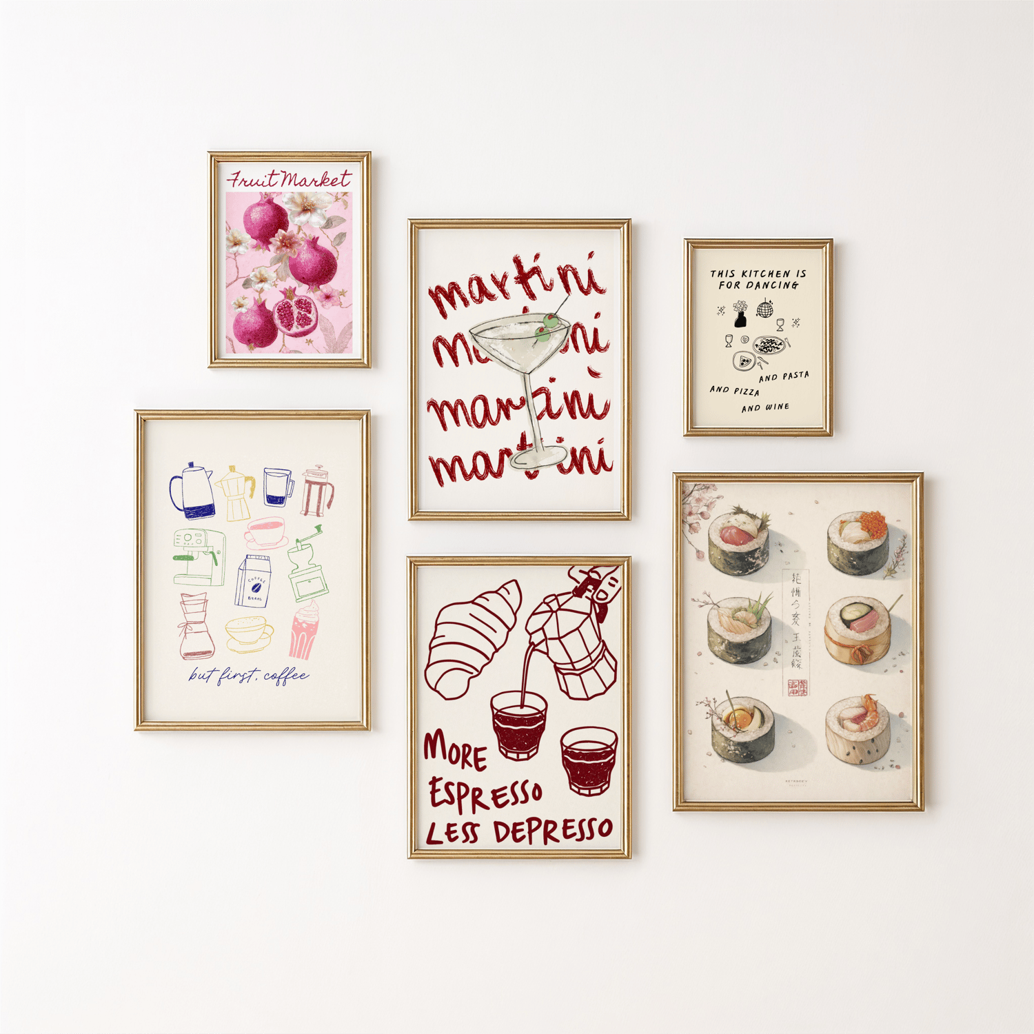 Bar and kitchen wall art collection featuring modern prints designed for home bars, kitchens, and dining spaces. This image shows decorative posters suitable for contemporary kitchen decor and bar area styling.