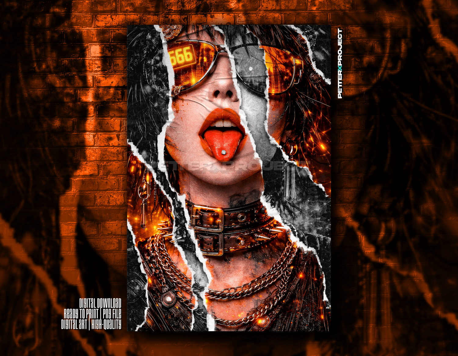 Hyperrealistic cyberpunk geisha with classic white makeup, neon orange tones, grunge textures and post-apocalyptic dystopian atmosphere.