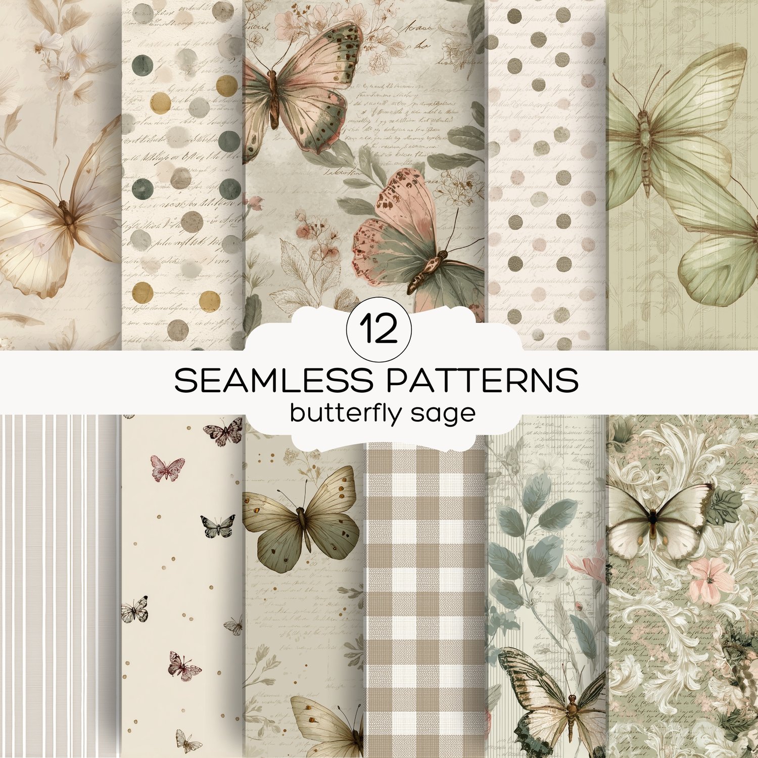 Sage Butterflies Seamless Digital Paper Pack