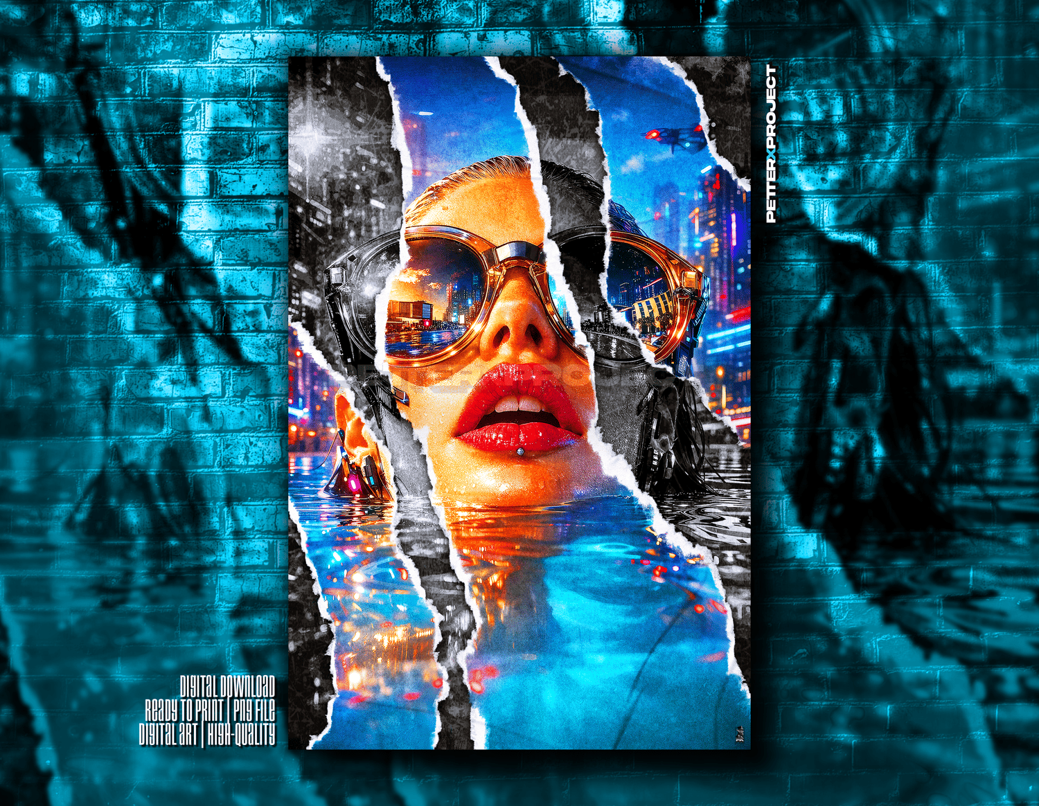 Fragmented cyberpunk woman with reflective goggles, neon city lights mirrored in lenses, red glossy lips and dystopian urban water atmosphere.