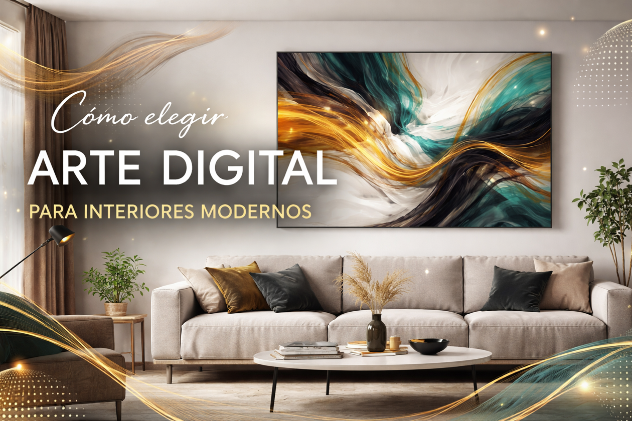 Arte digital abstracto en salón moderno con sofá neutro y decoración contemporánea, ideal para interiores modernos.