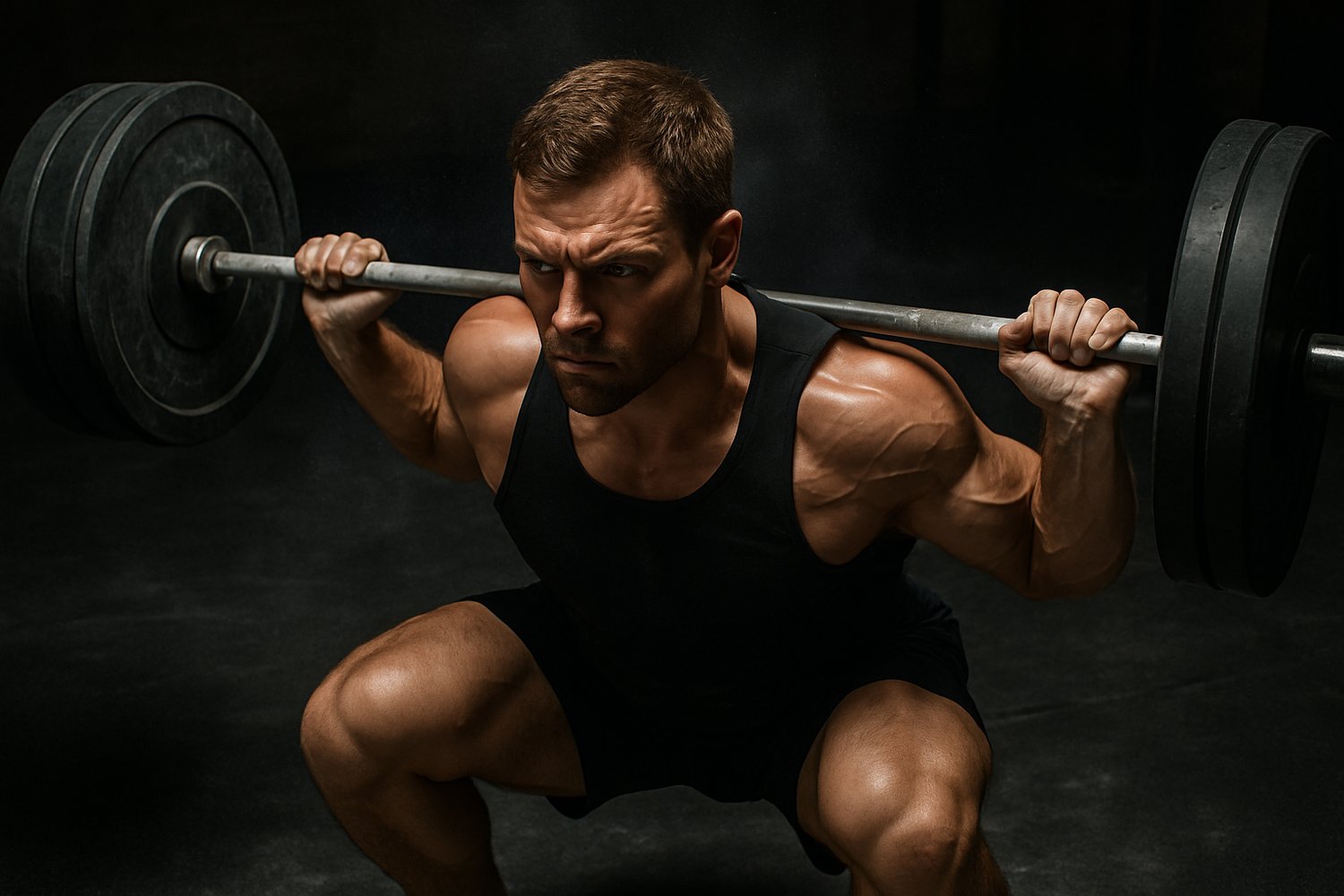 Athlete performing a perfect barbell back squat with proper bracing and vertical bar path in a strength training gym