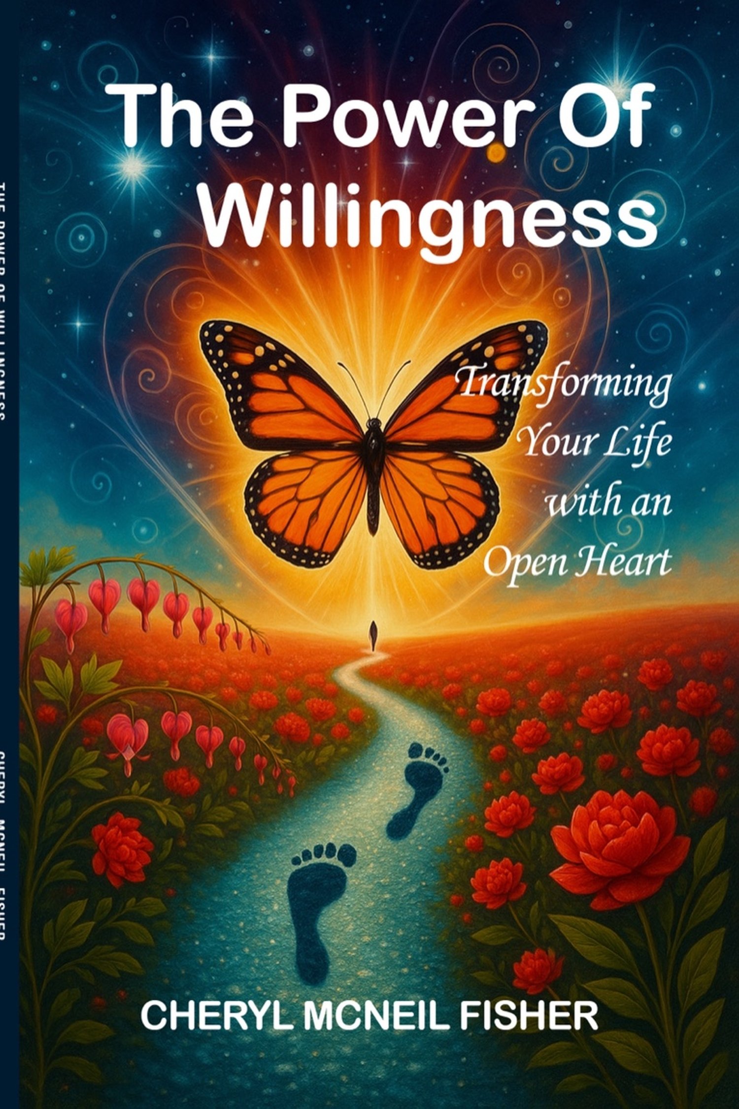 Book cover with a large orange and black monarch butterfly centered against a glowing burst of warm light. Swirling patterns in shades of blue and orange radiate around the butterfly, giving a magical, starry-sky effect. Below, a winding bright blue path
