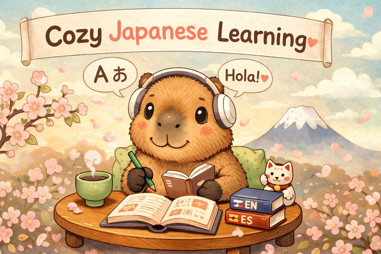Capybara studying Japanese in English and Spanish