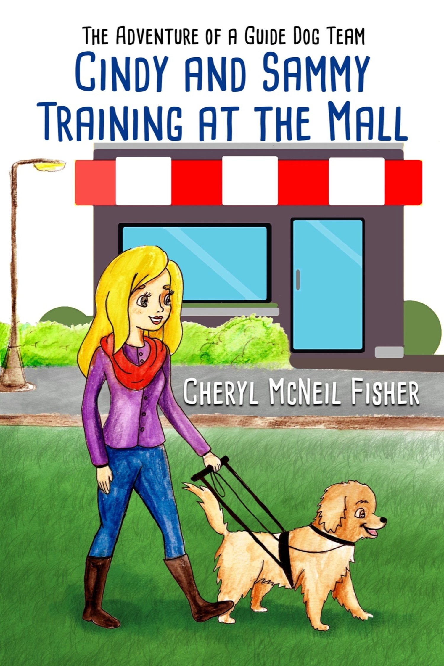 Cover shows a woman with long blonde hair, wearing jeans and knee high black boots with a purple blended jacket. Her guide dog is on her left side and in front of them is an arched doorway with the word MALL over the doors.
