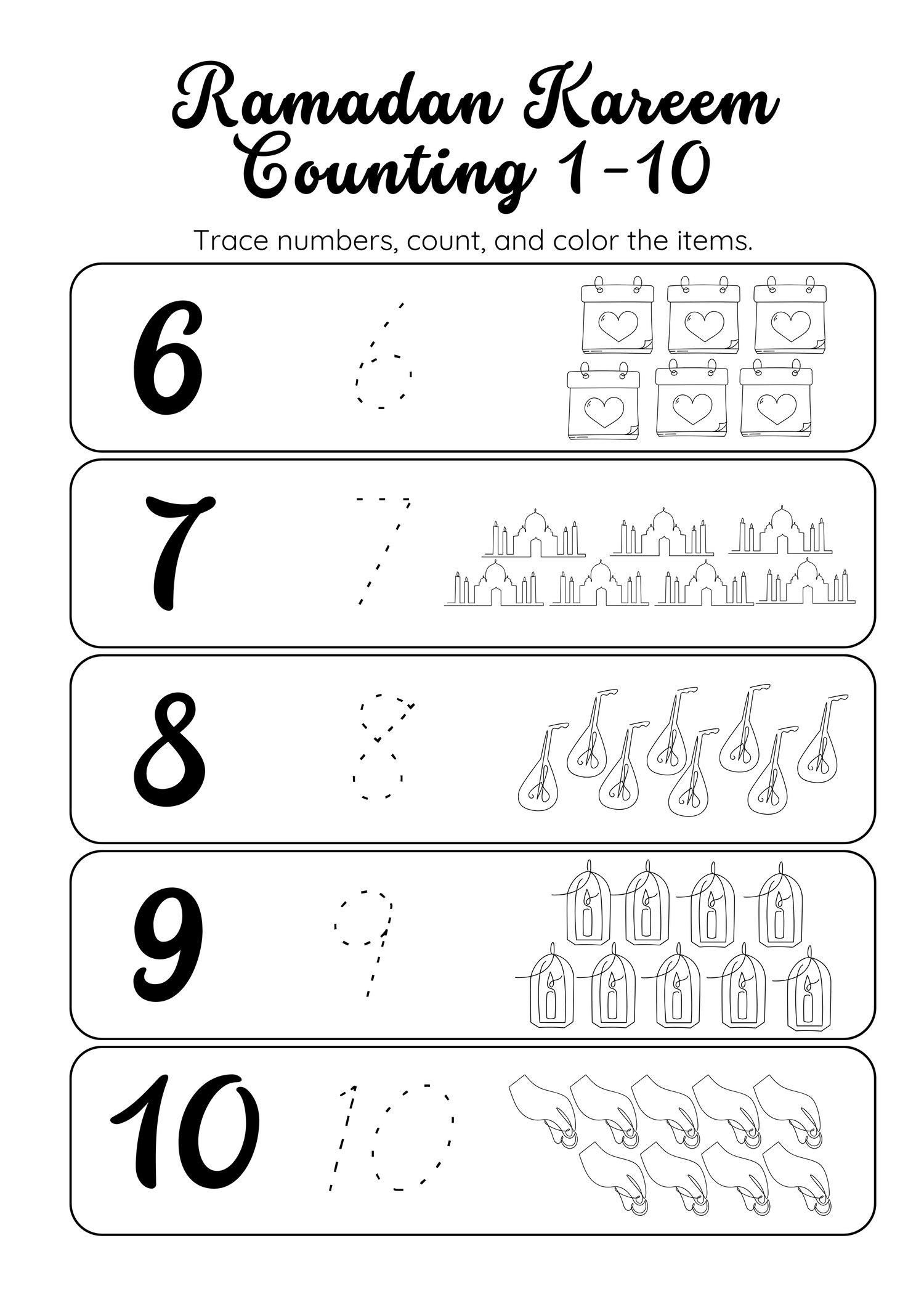 Educational Ramadan Math Worksheet for preschoolers: 1-10 Number Tracing and Counting activity with Islamic motifs. Designed for Early Years Foundation Stage (EYFS) standards in the UK, USA, and Canada. Premium Islamic homeschooling resource for toddlers.