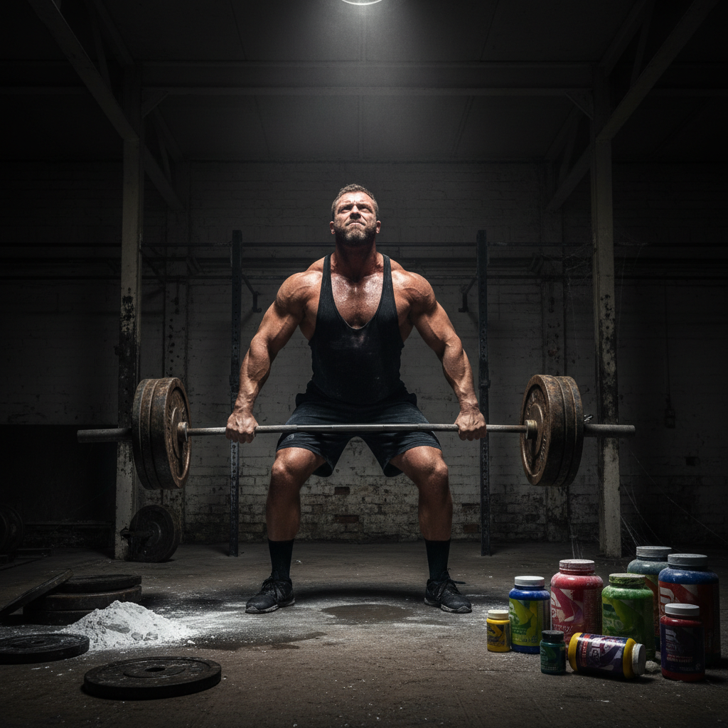 Powerlifter performing a heavy barbell squat in a dark gym, contrasting real strength training with supplement marketing myths
