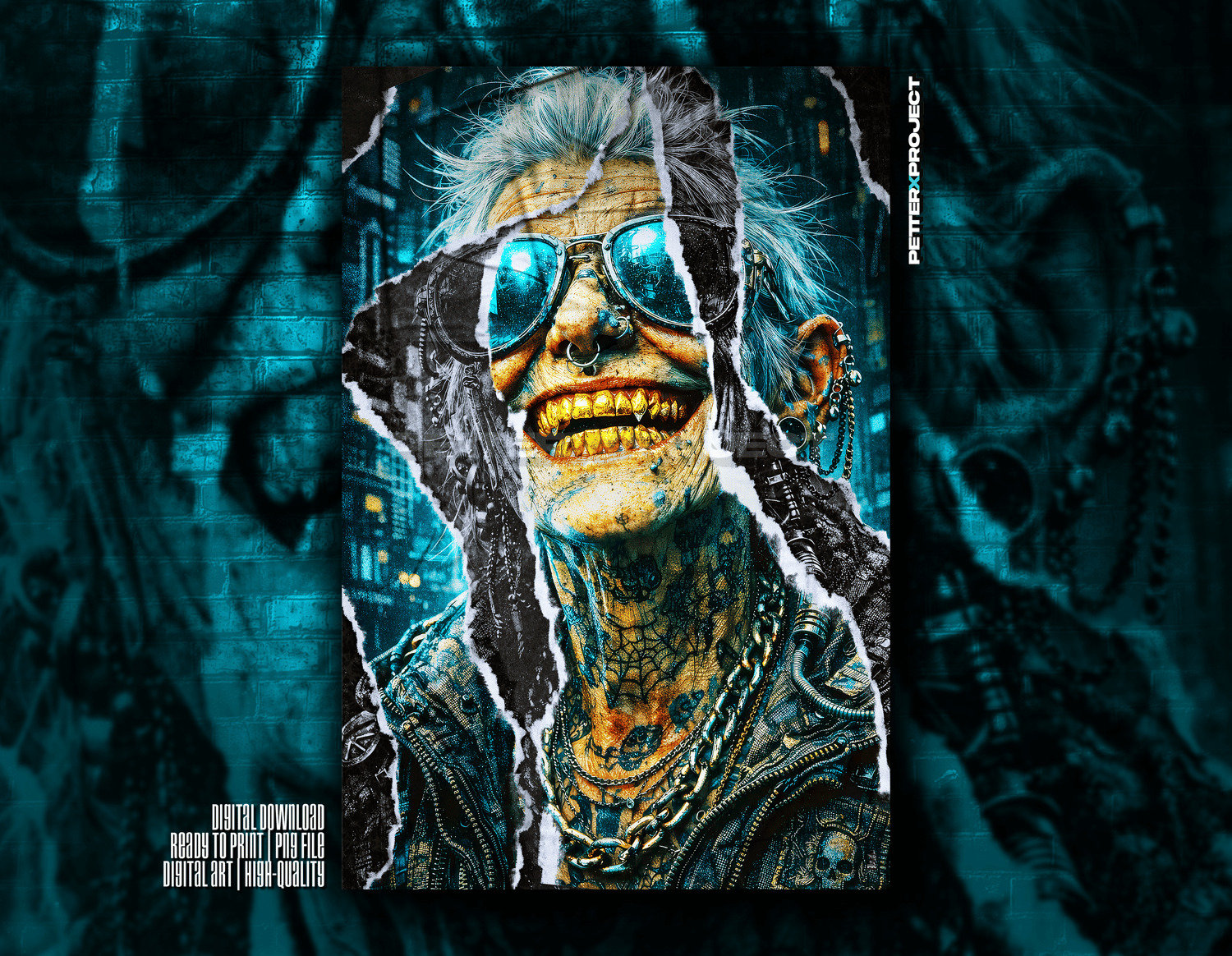Retrato digital hiperrealista estilo cyberpunk con dientes dorados, gafas azul neón reflectantes, tatuajes detallados en cuello y rostro, cadenas metálicas y efecto papel rasgado sobre fondo urbano turquesa.