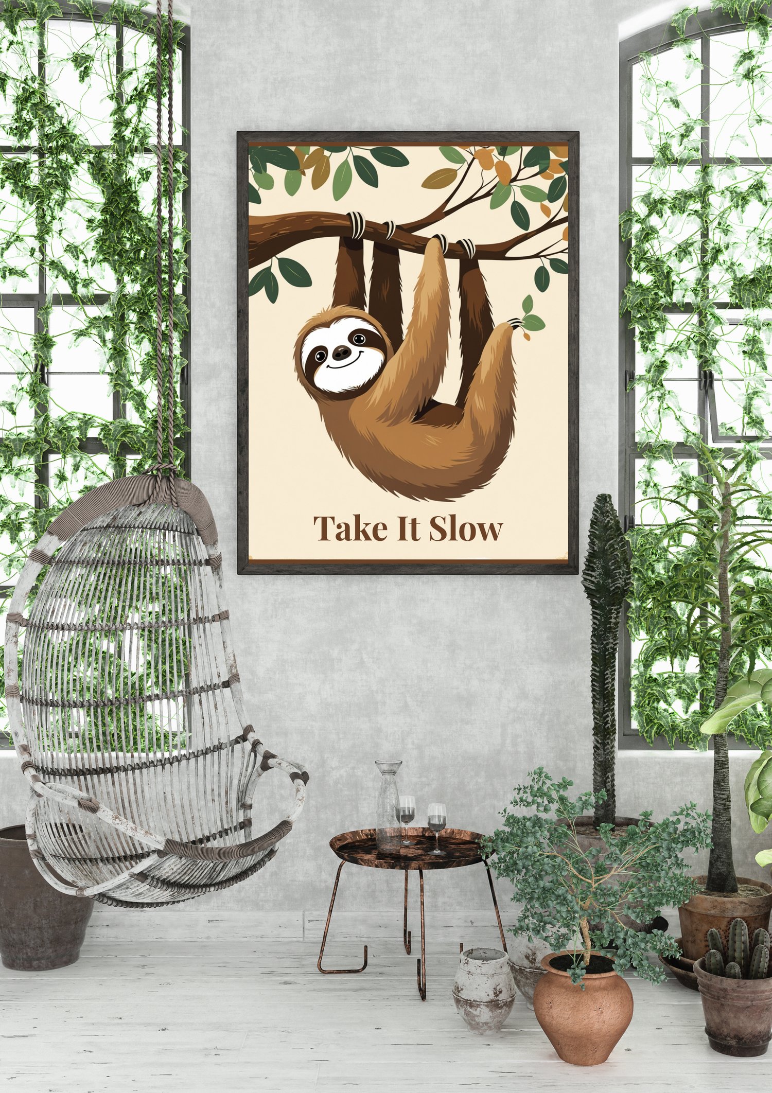 Take it slow sloth wall art print in black frame on boho living room wall with plants and hammock chair