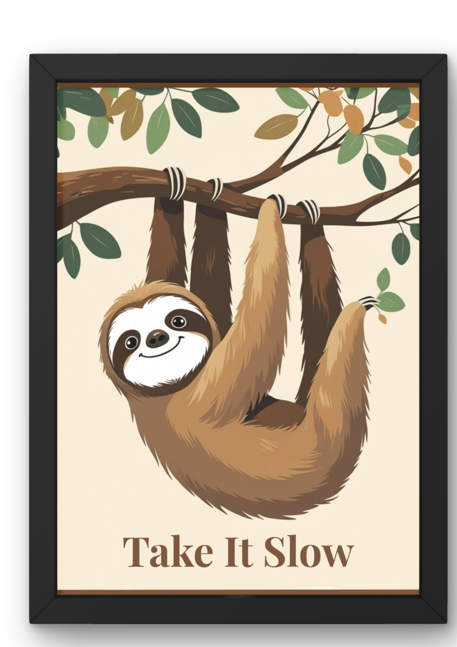 Vintage sloth poster print in black frame showing take it slow message with botanical leaves