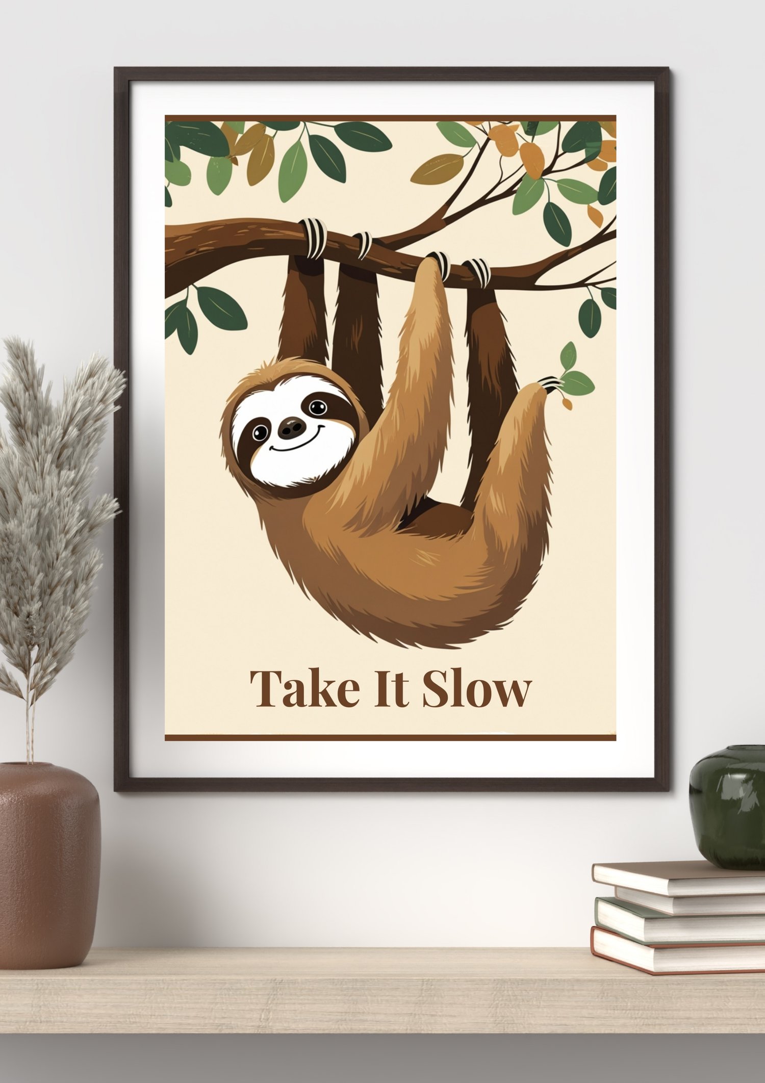 Take it slow sloth printable wall art in wooden frame on desk with books and vase