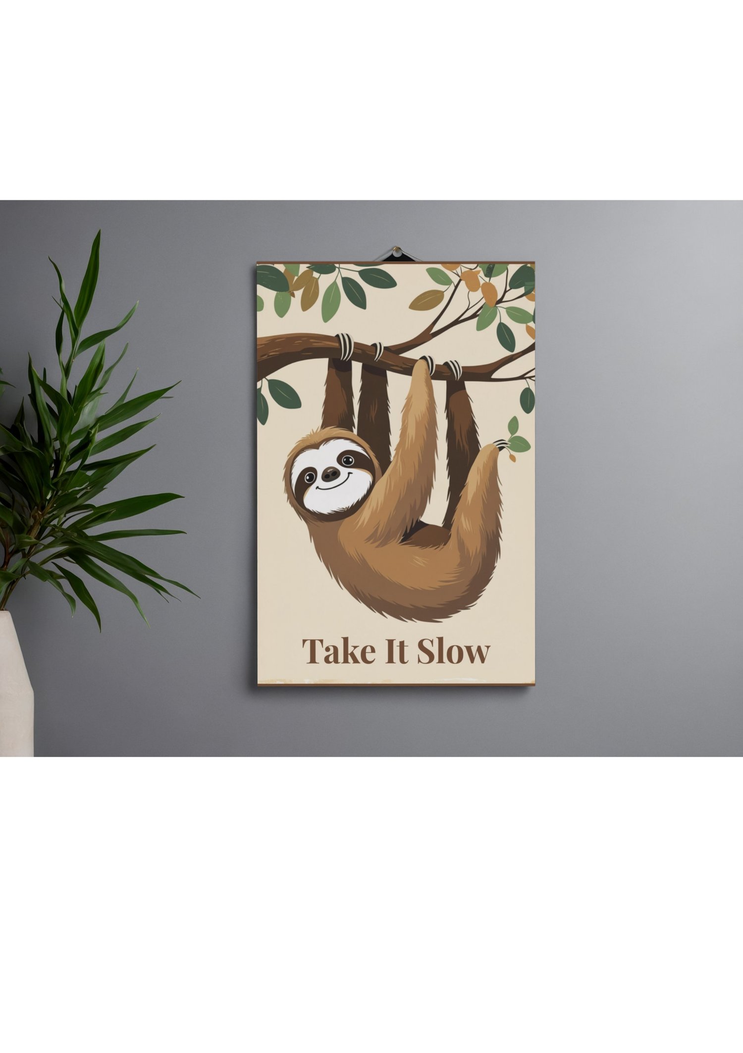 Minimalist sloth print on gray wall with green plant minimal home decor