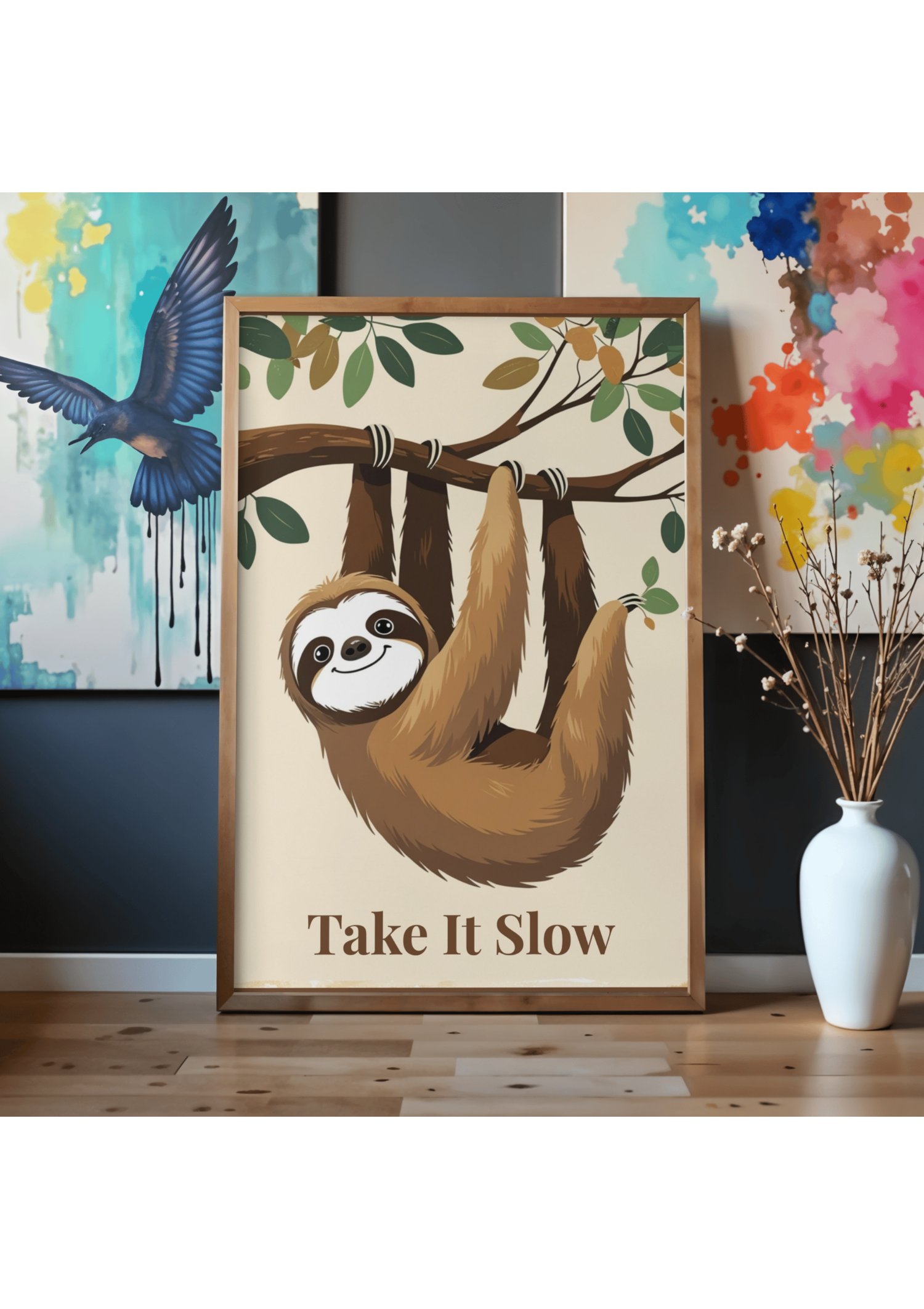 Sloth wall art printable poster displayed in gallery wall with colorful abstract paintings