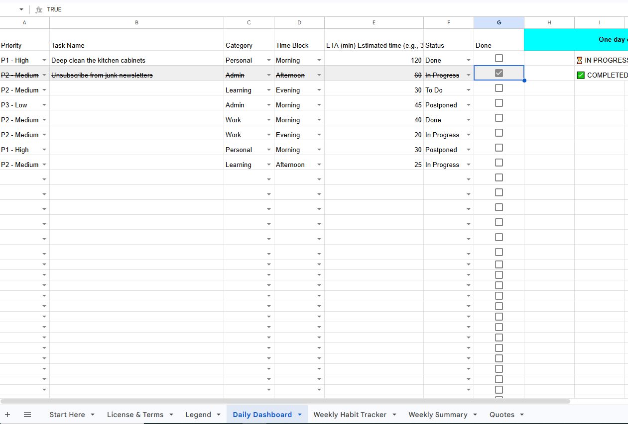Google Sheets Daily Dashboard with task prioritization, time blocking, automated status tracking, and category management for peak productivity.