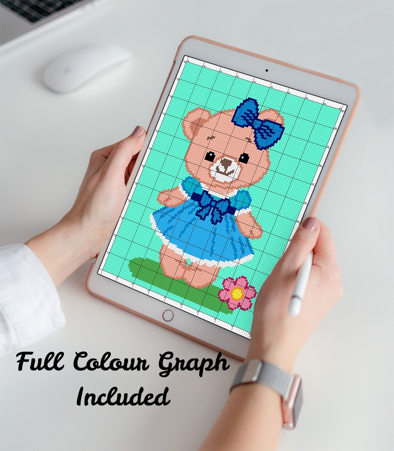 Full colour C2C graph of teddy bear girl crochet blanket pattern displayed on tablet.